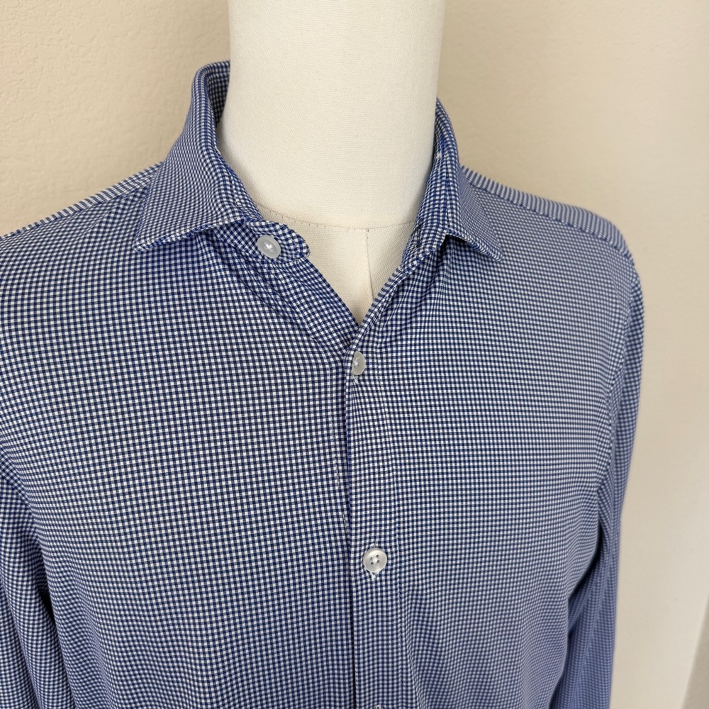 MIZZEN + MAIN White/Blue Gingham Check Trim Fit Sz L Button Front Shirt - Picture 3 of 8